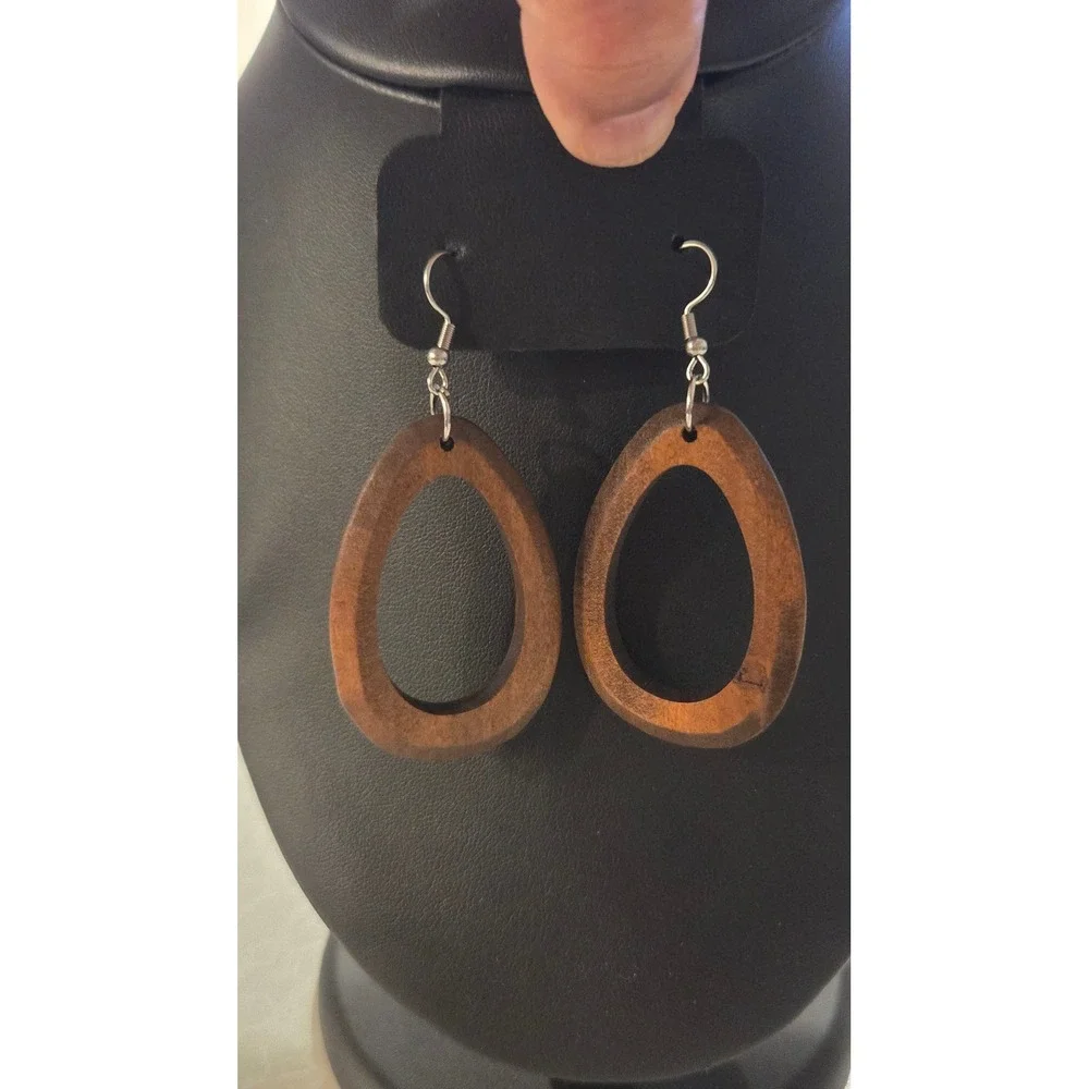 Unbranded Wooden Geometric Dangle Earring Set 4 Pairs Teardrop Circle Brown Wood